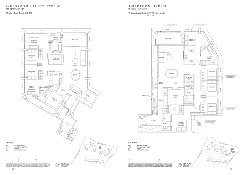 Reserve Residence Floor Plan 4 bedroom+study type D5, 5 Bedroom Type E1